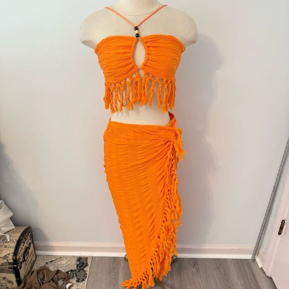 Shein Orange Crinkled Crochet Fringe Two-Piece Skirt Set Size Small - Picture 4 of 10